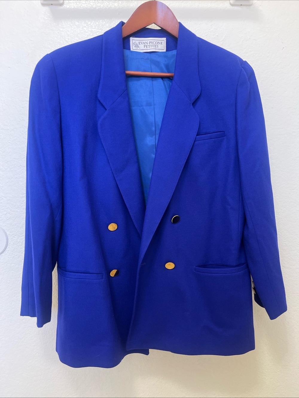 Bright Blue Wool Blazer Evan Picone Gold Buttons Glamoratti Power Dressing Sz 14